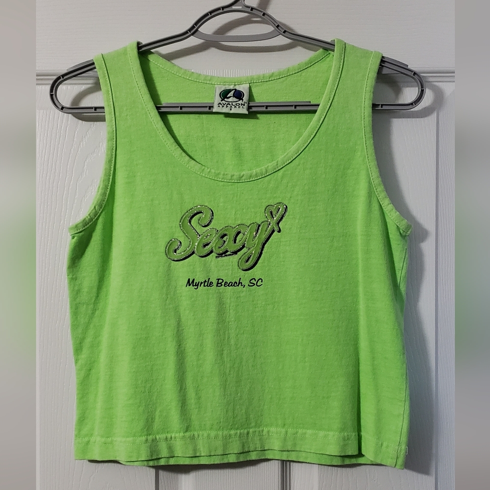 Women's Avalon Apparel Neon Green Cropped Tank-Top with "Sexy" Myrtle Be…